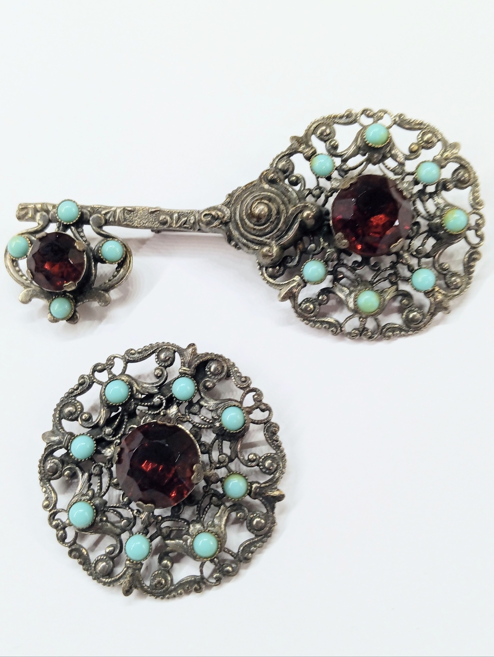 Vintage Key Round Statement Brooches Pressed Silver Tone Filigree